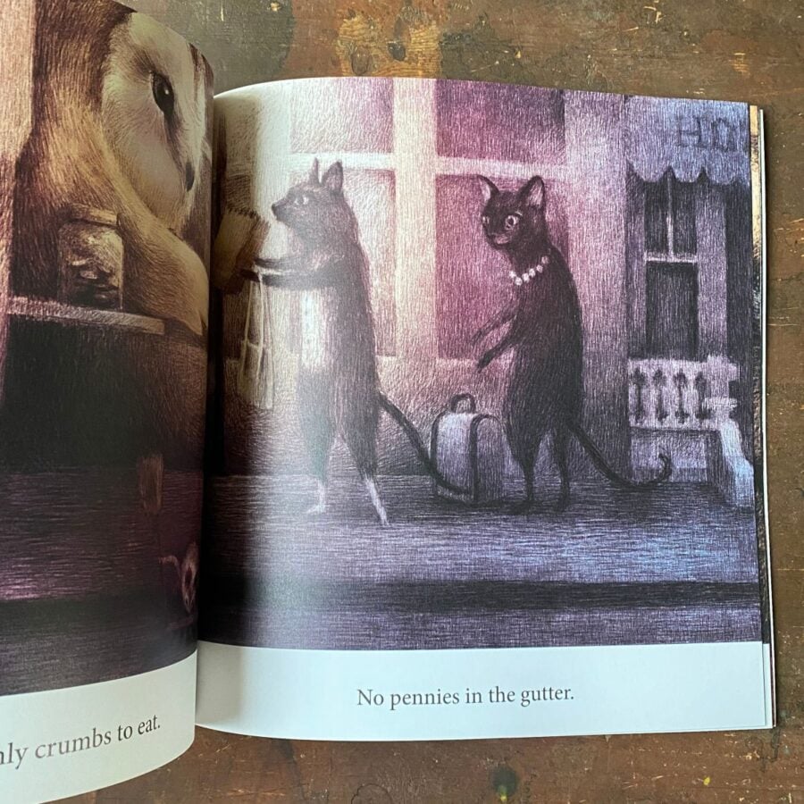 Double page spread of a pair of upright cats from Night Lunch book by Eric Fan