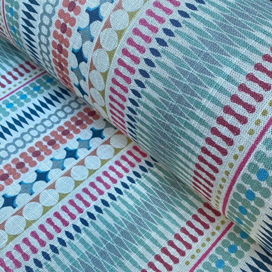 Tinsmiths Omega Striped Fabric roll in seagreen & raspberry