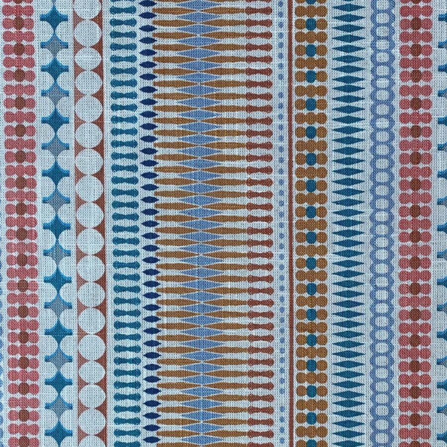 Tinsmiths Omega Stripe patterned fabric roll in teal & orange