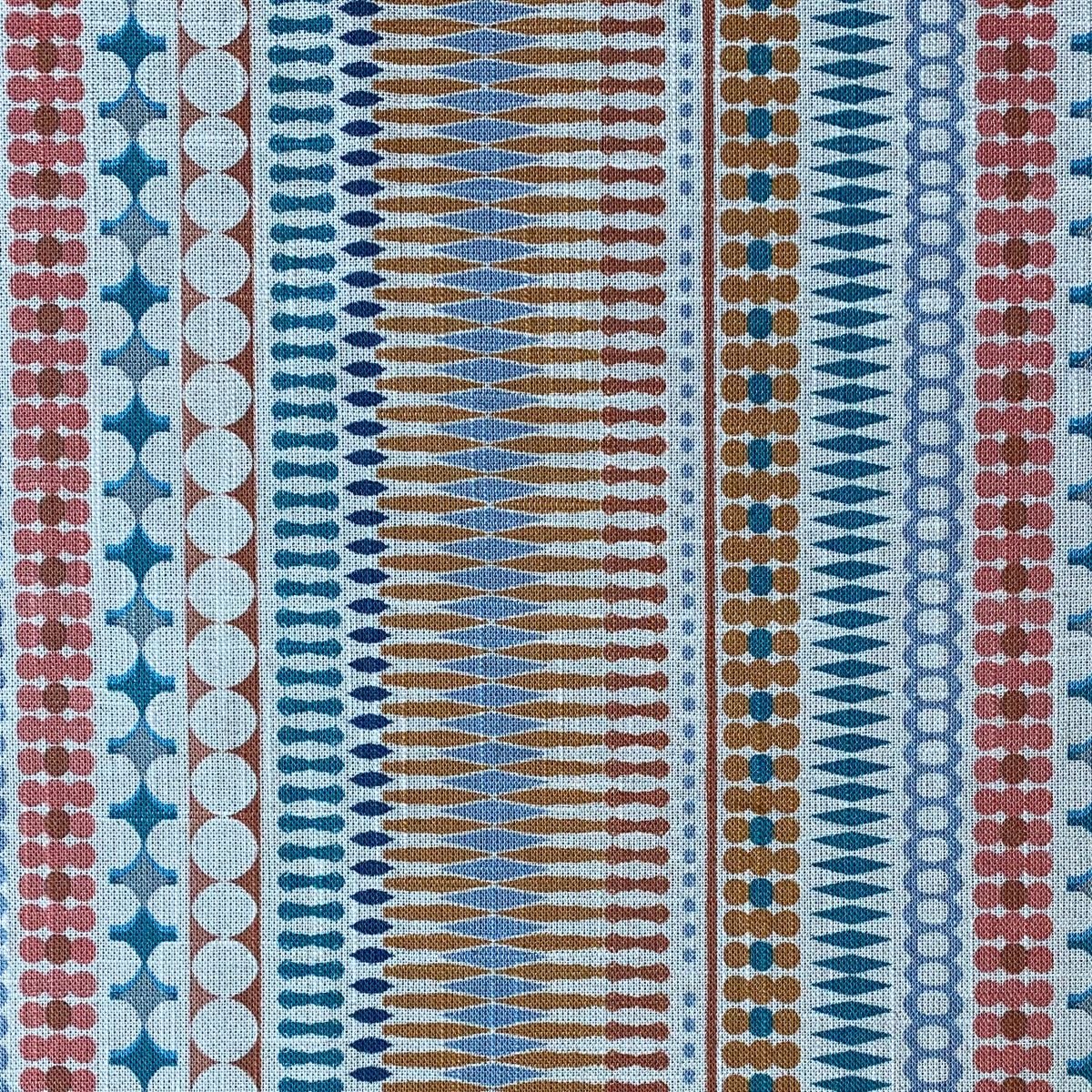 Tinsmiths Omega Stripe patterned fabric roll in teal & orange