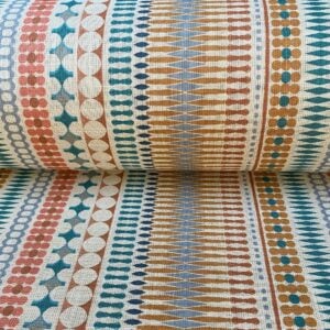Tinsmiths Omega Stripe patterned fabric roll in teal & orange