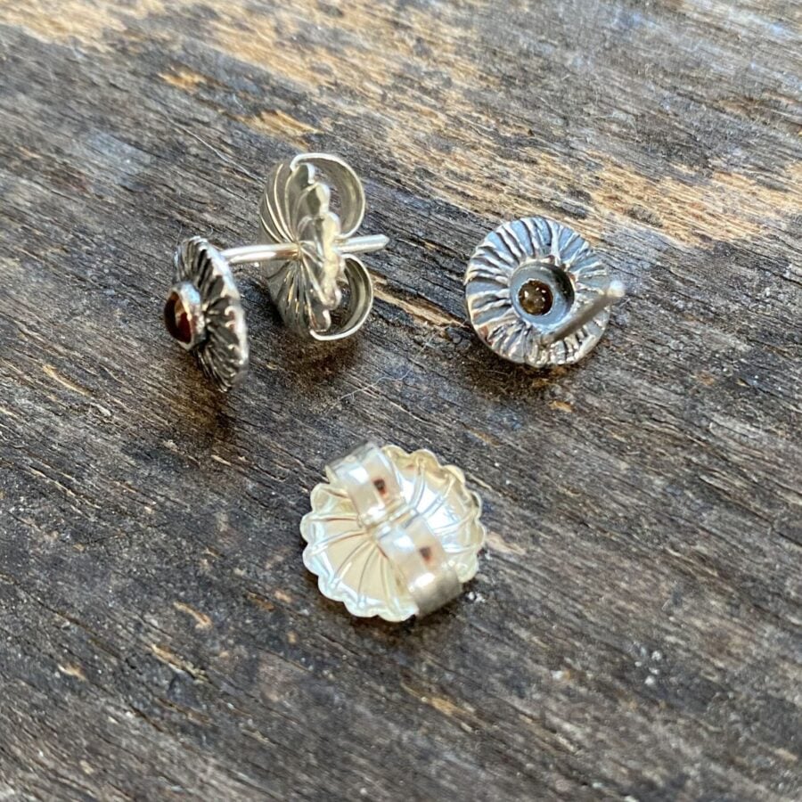 Silver disc earrings with citrine centre on a wooden background