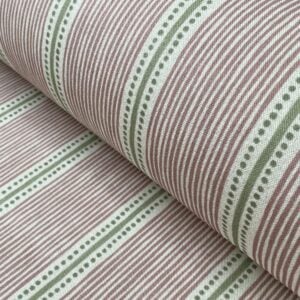 Pink & Green striped fabric on a roll at an angle