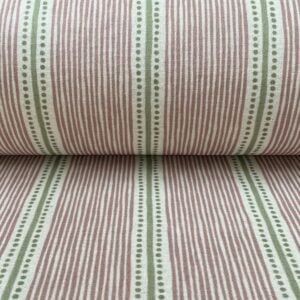Pink & Green striped fabric on a roll at an angle