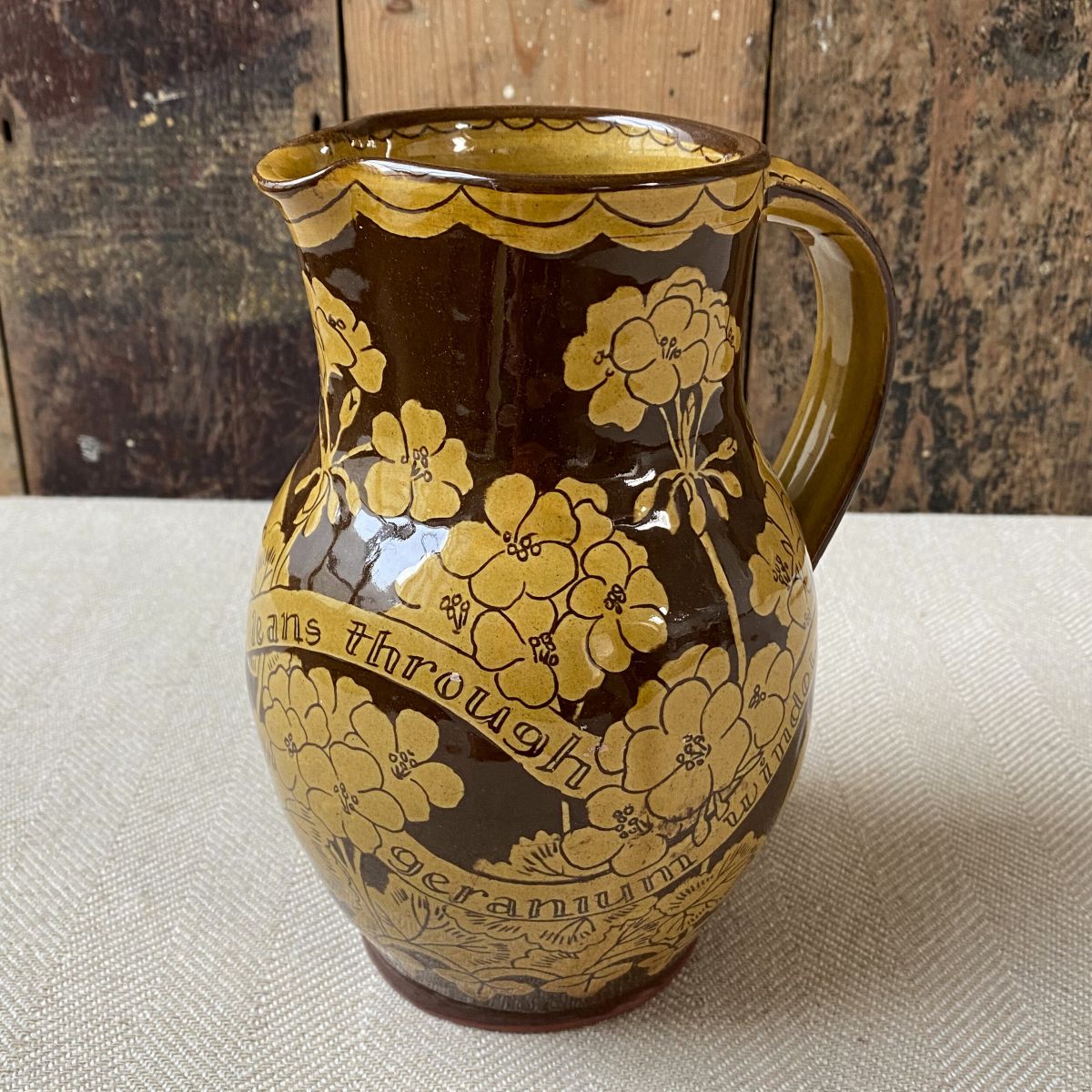 Katie B Morgan slipware Harvest Jug on tablecloth