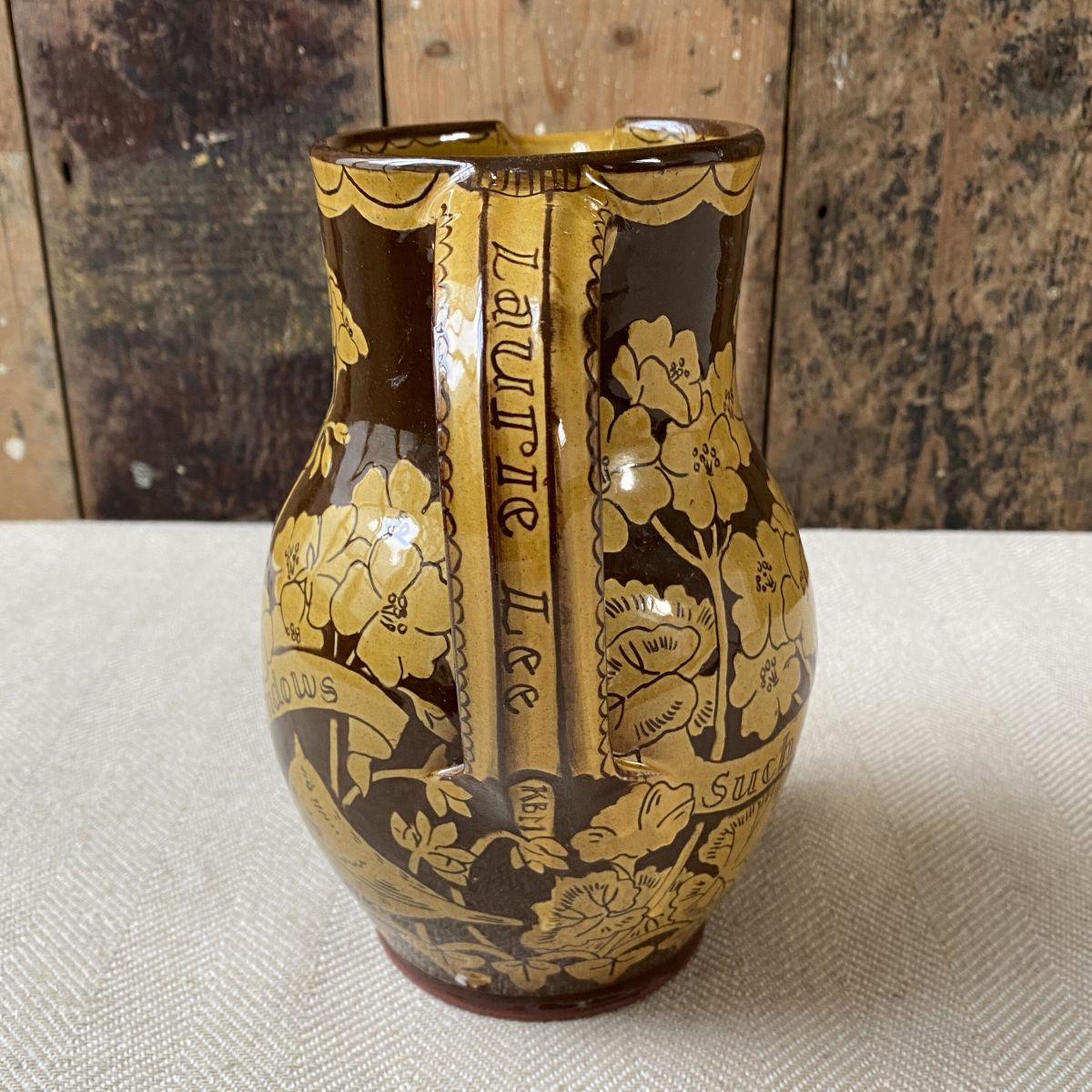 Katie B Morgan slipware Harvest Jug on tablecloth