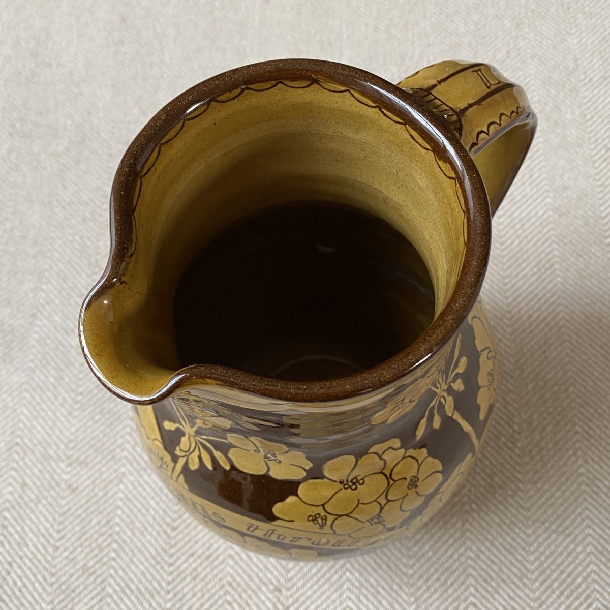 Katie B Morgan slipware Harvest Jug on tablecloth