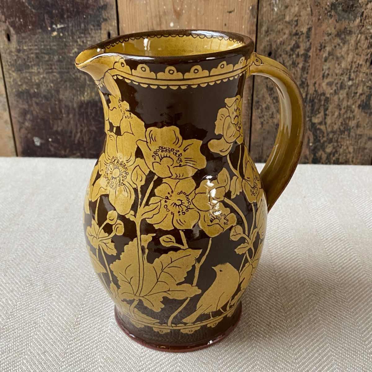 Katie B Morgan slipware Harvest Jug on tablecloth