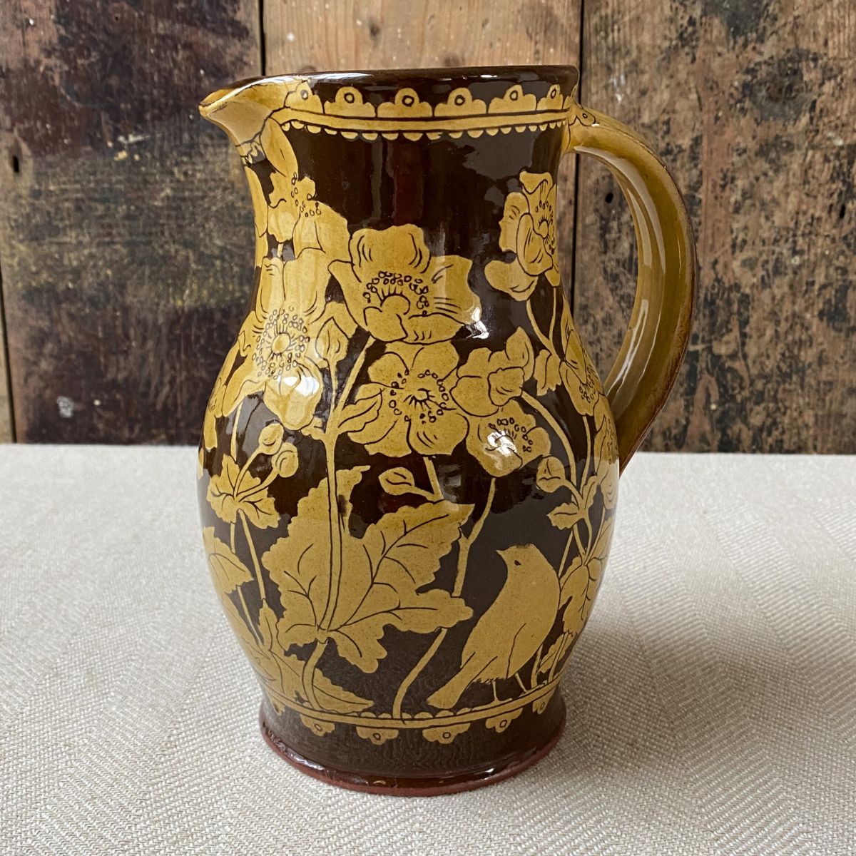 Katie B Morgan slipware Harvest Jug on tablecloth