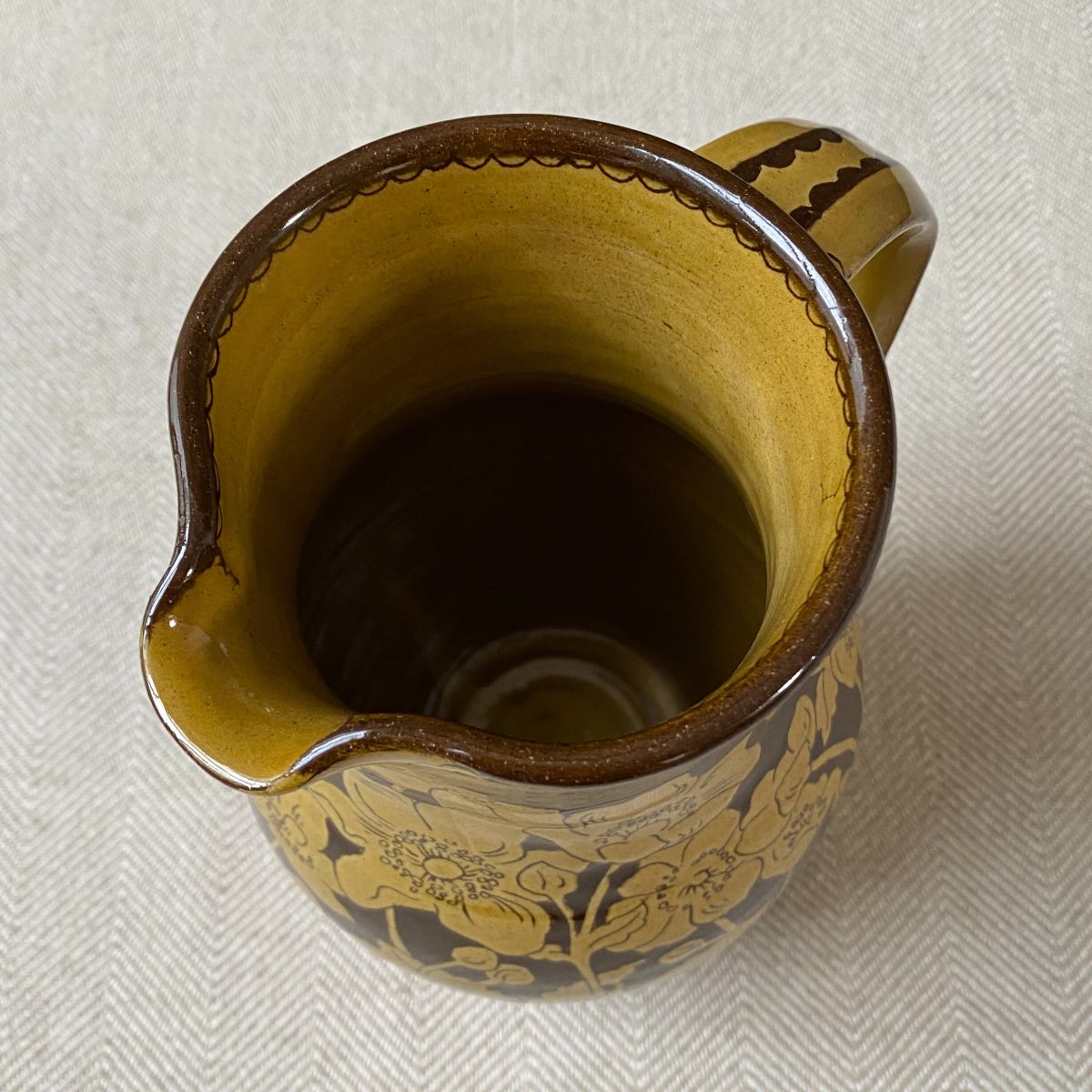 Katie B Morgan slipware Harvest Jug on tablecloth