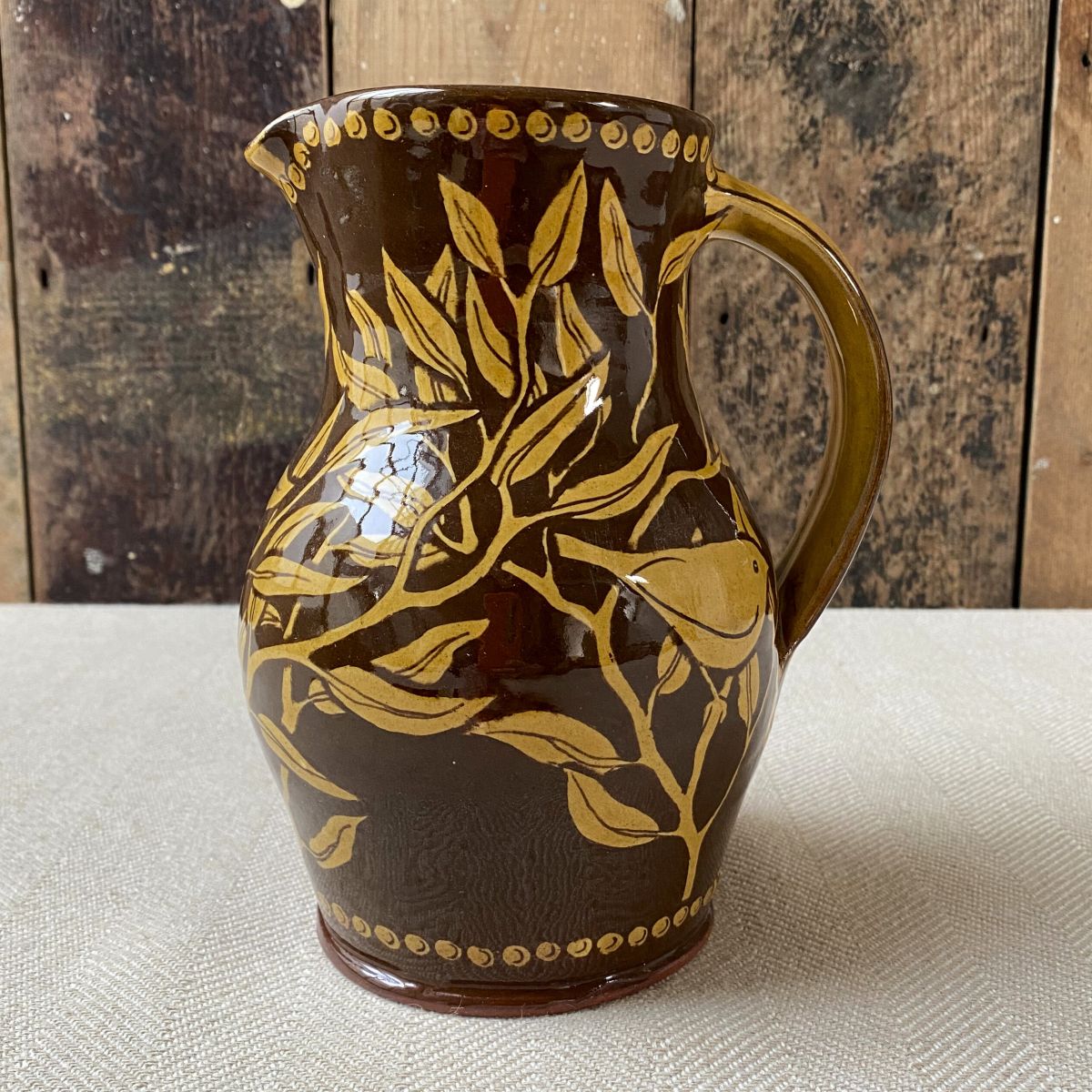 Katie B Morgan slipware Harvest Jug on tablecloth