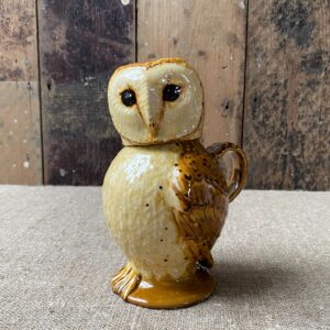 Carole Glover slipware glazed Owl Jug against a wooden background