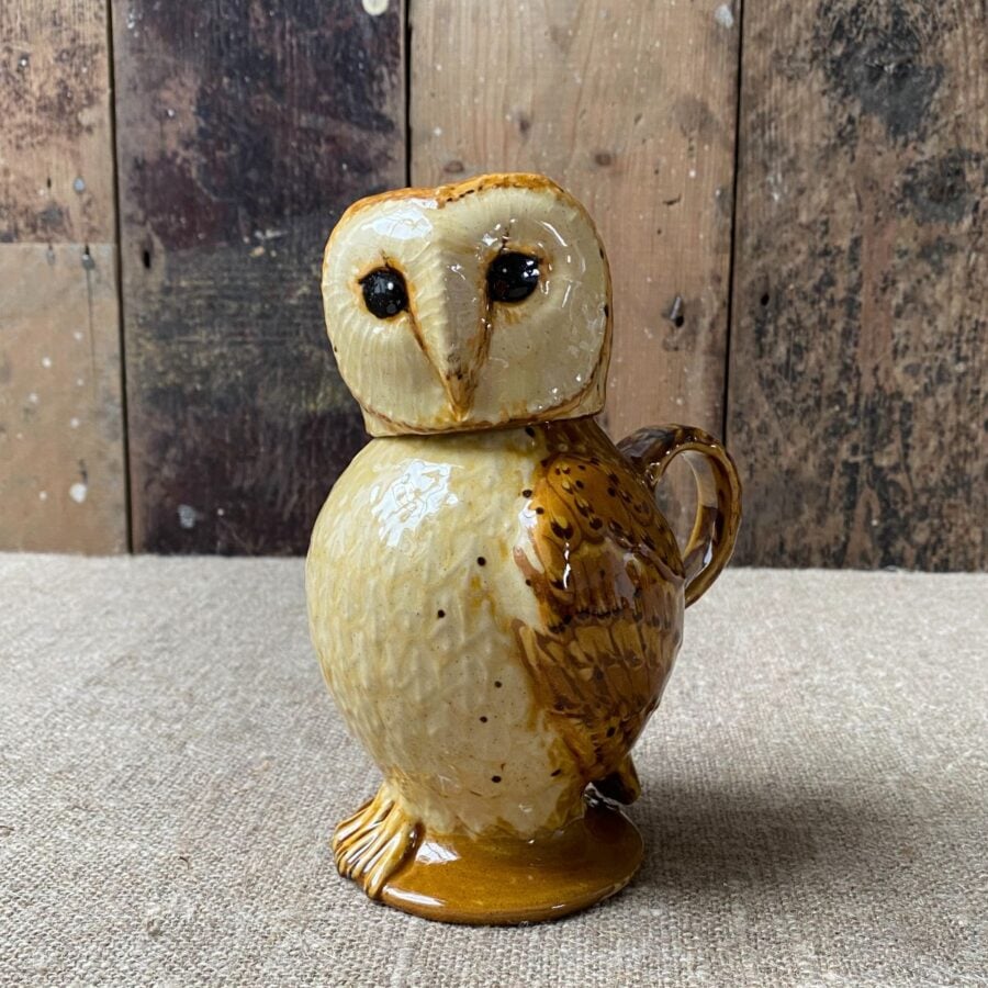 Carole Glover slipware glazed Owl Jug against a wooden background