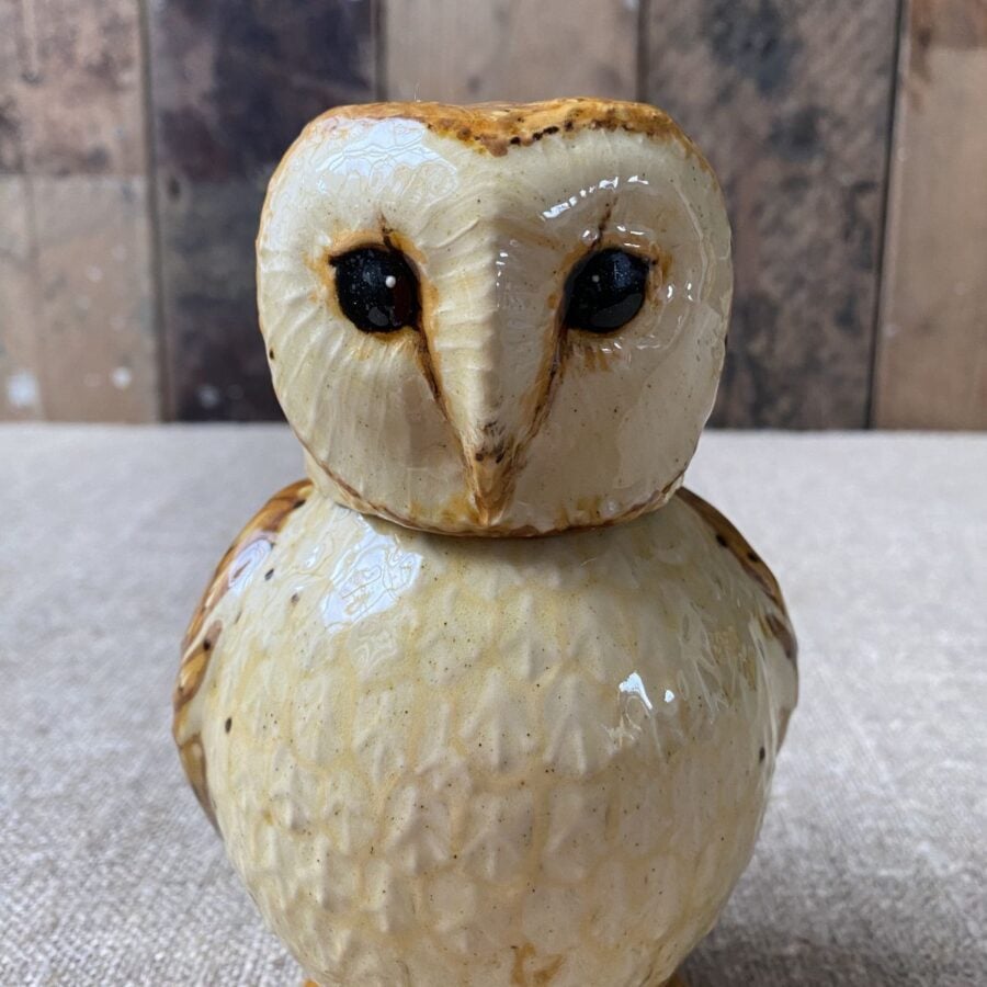 Carole Glover slipware glazed Owl Jug against a wooden background