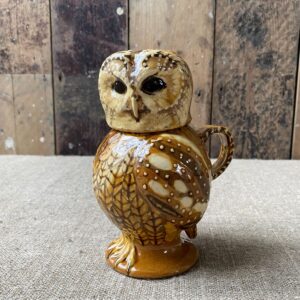 Carole Glover slipware glazed Owl Jug against a wooden background