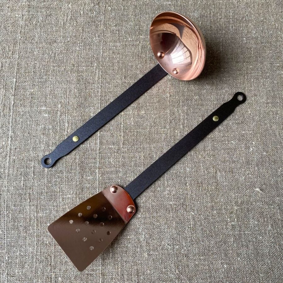 Pair of copper Netherton Foundry copper utensils; ladle and a spatula
