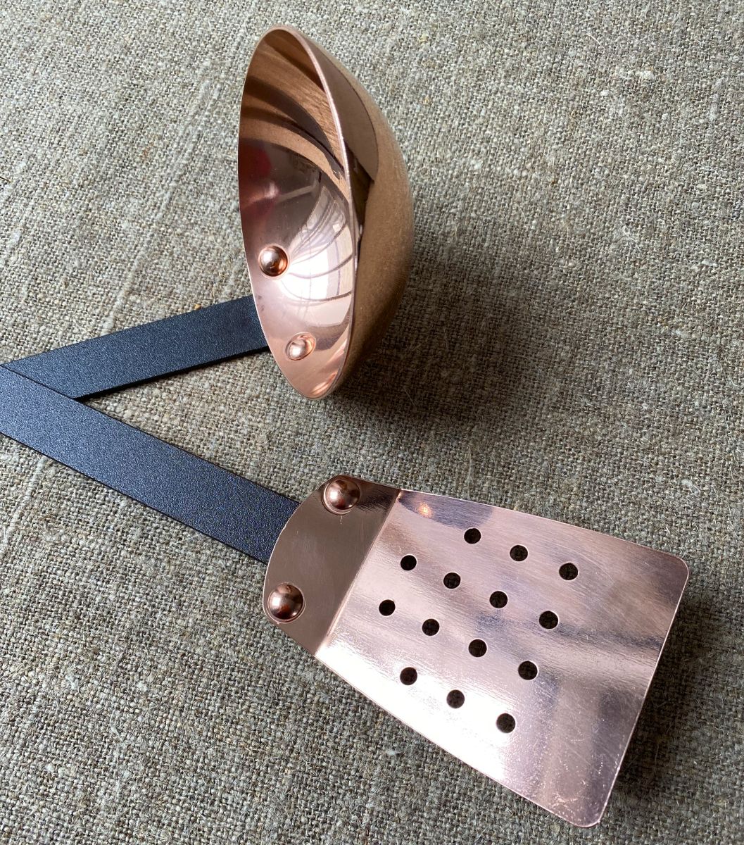 Pair of copper Netherton Foundry copper utensils; ladle and a spatula