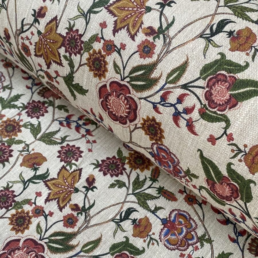 Melody print Linen on a roll in raspberry & leaf green