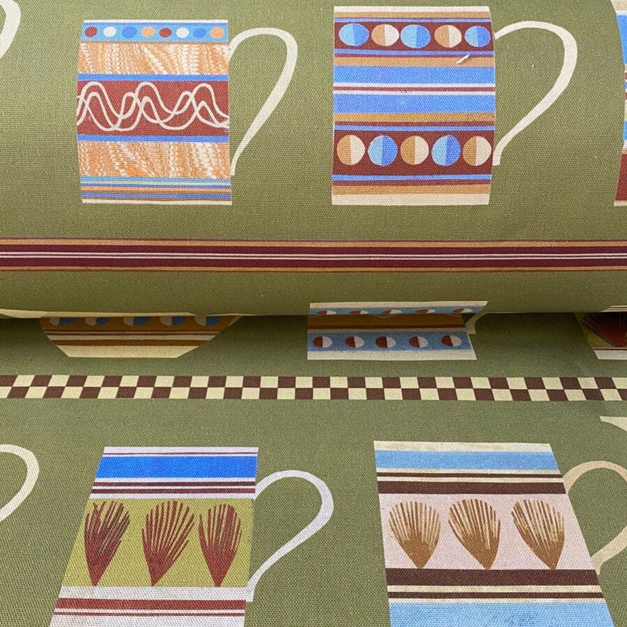 Marion Elliot design Mochaware fabric with sage green background