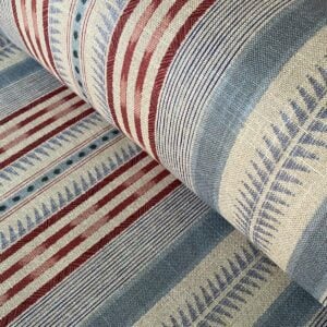 Extra Wide Caspian striped fabric in strawberry red & duckegg on a roll