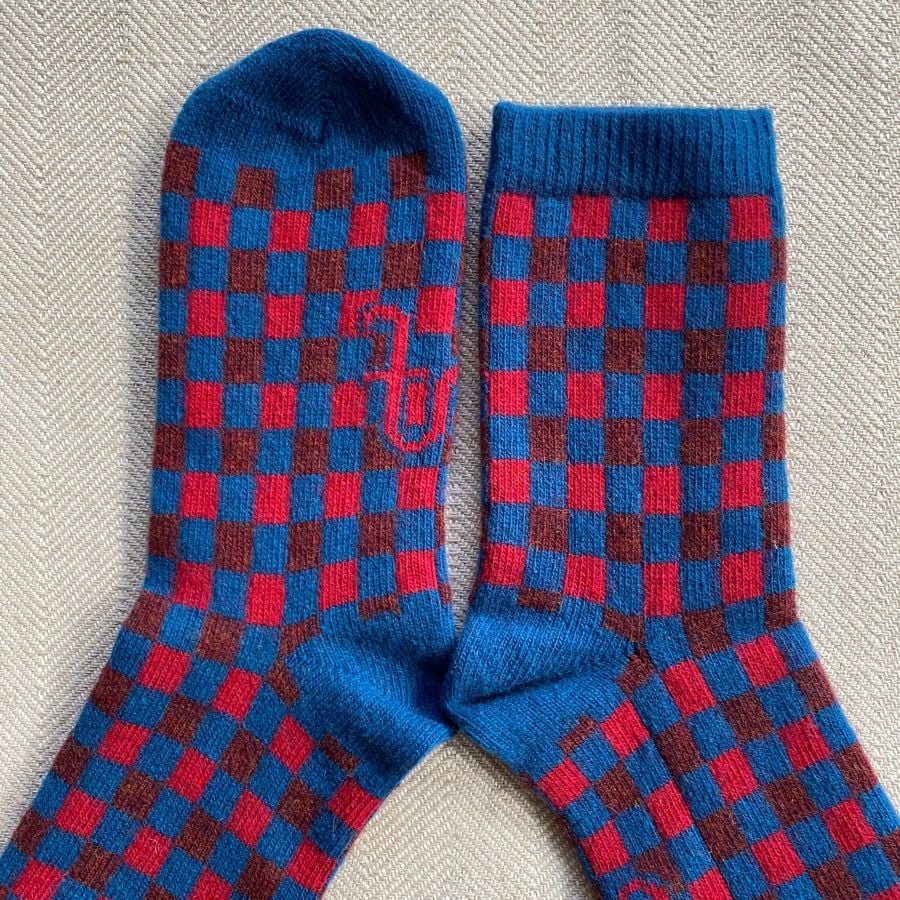 Lambswool Patterned Socks Red & Blue