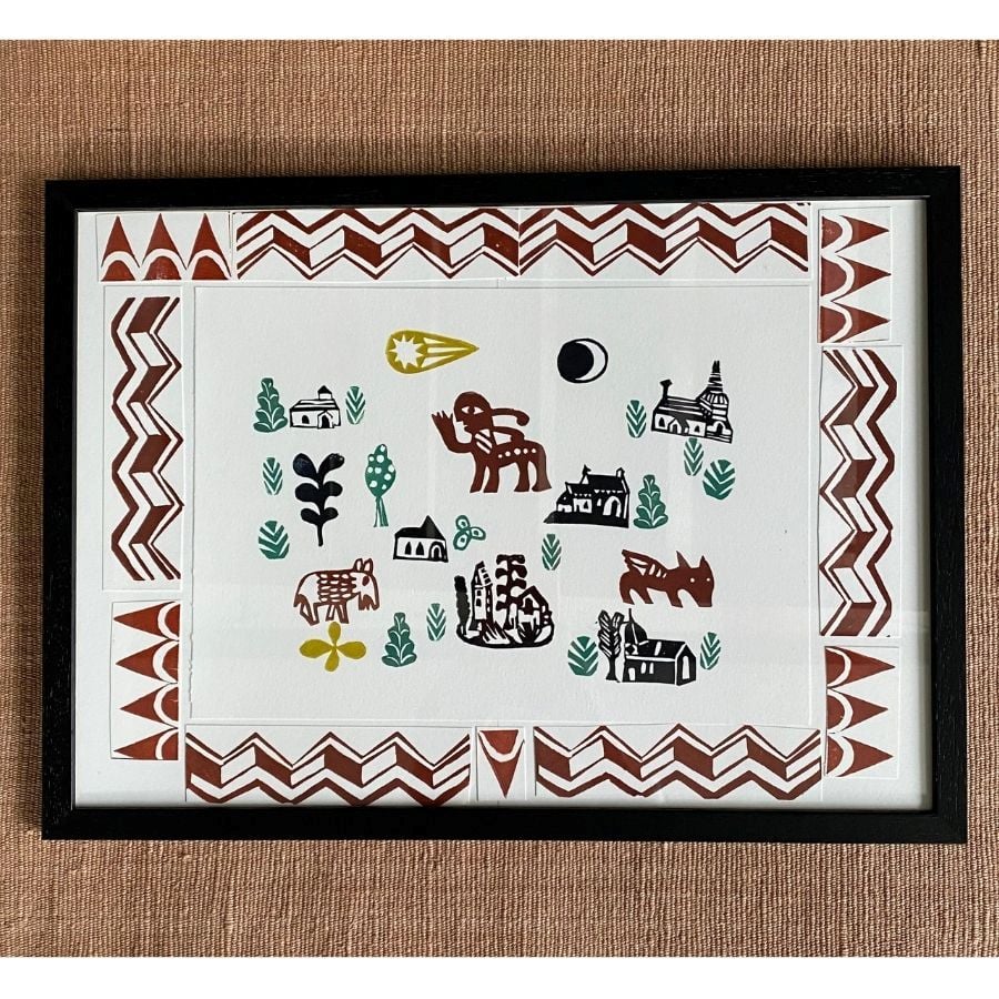Desdemona McCannon Framed lino print on cloth background