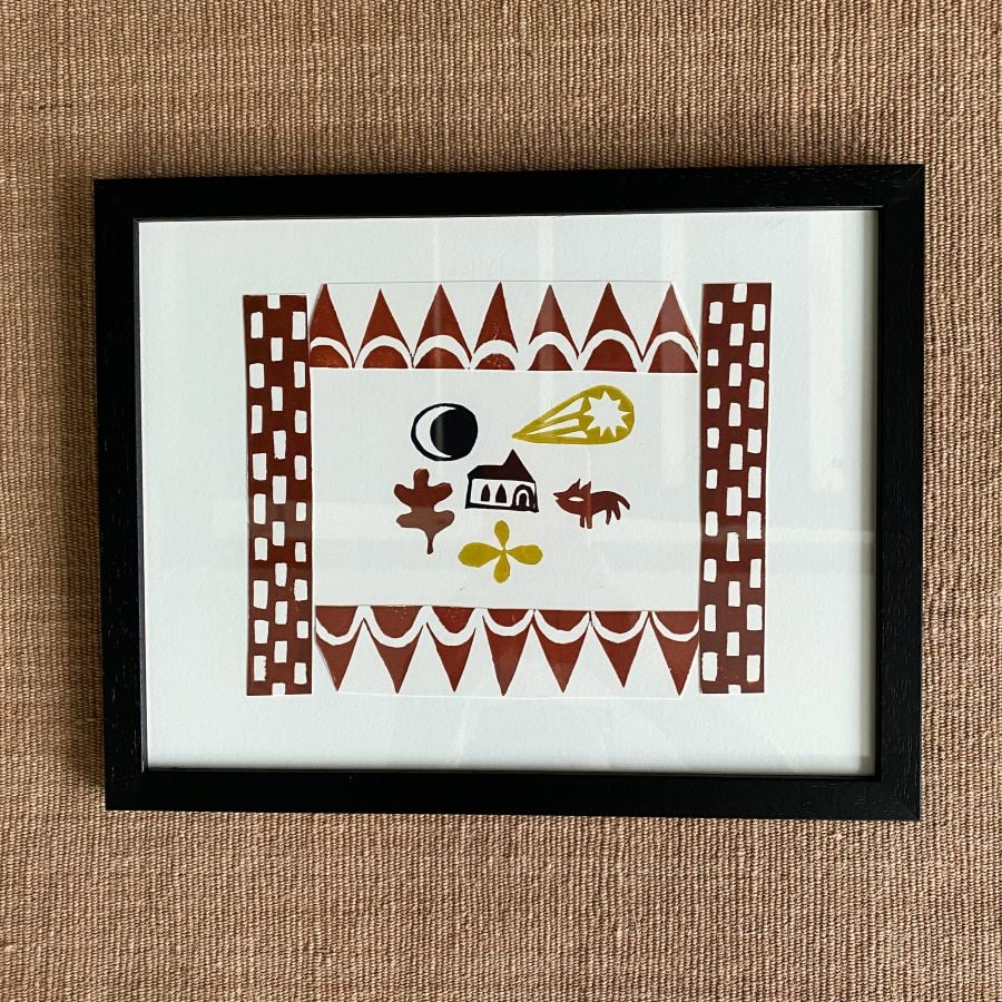 Desdemona framed lino print on cloth background