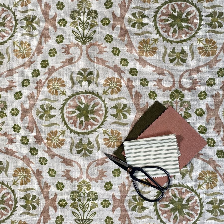Extra Wide Eden Suzani fabric in green, gold & pink