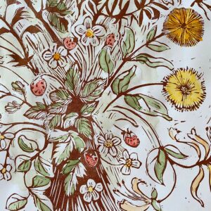 Jen Whiskerd linocut print on a white wall