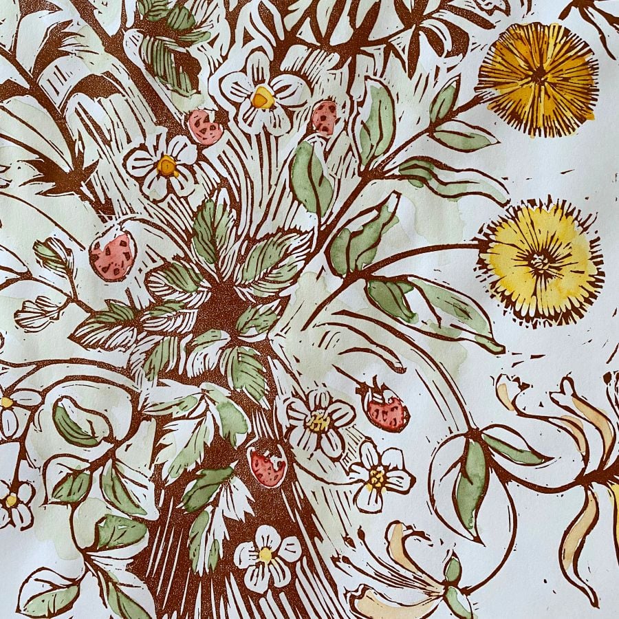 Jen Whiskerd linocut print on a white wall