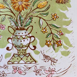 Jen Whiskerd hand coloured lino print on a white wall