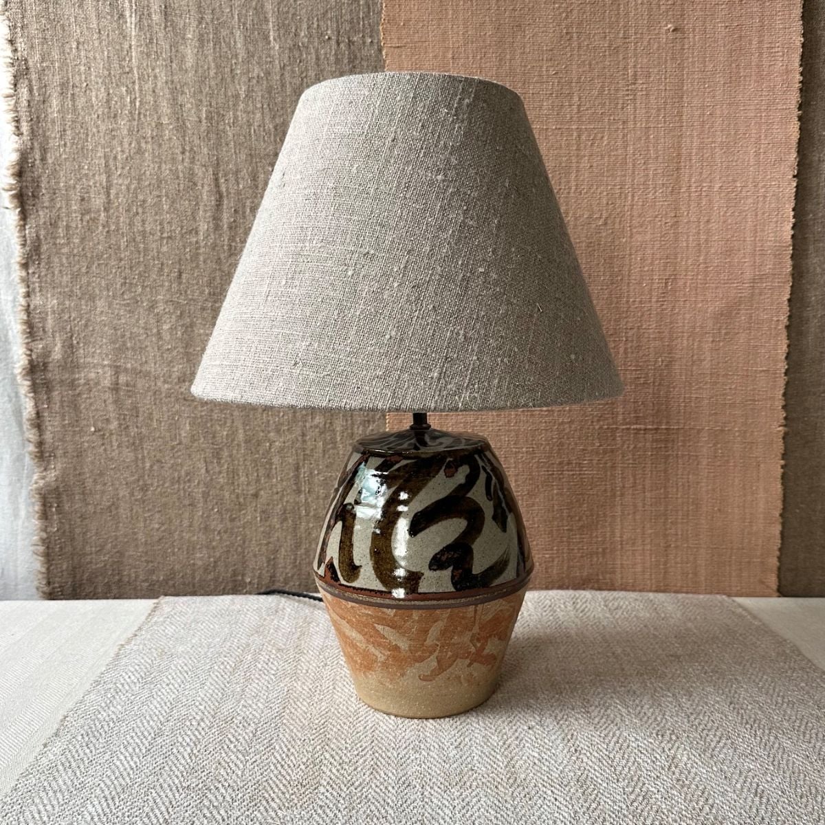 pottery lamp base with linen shade