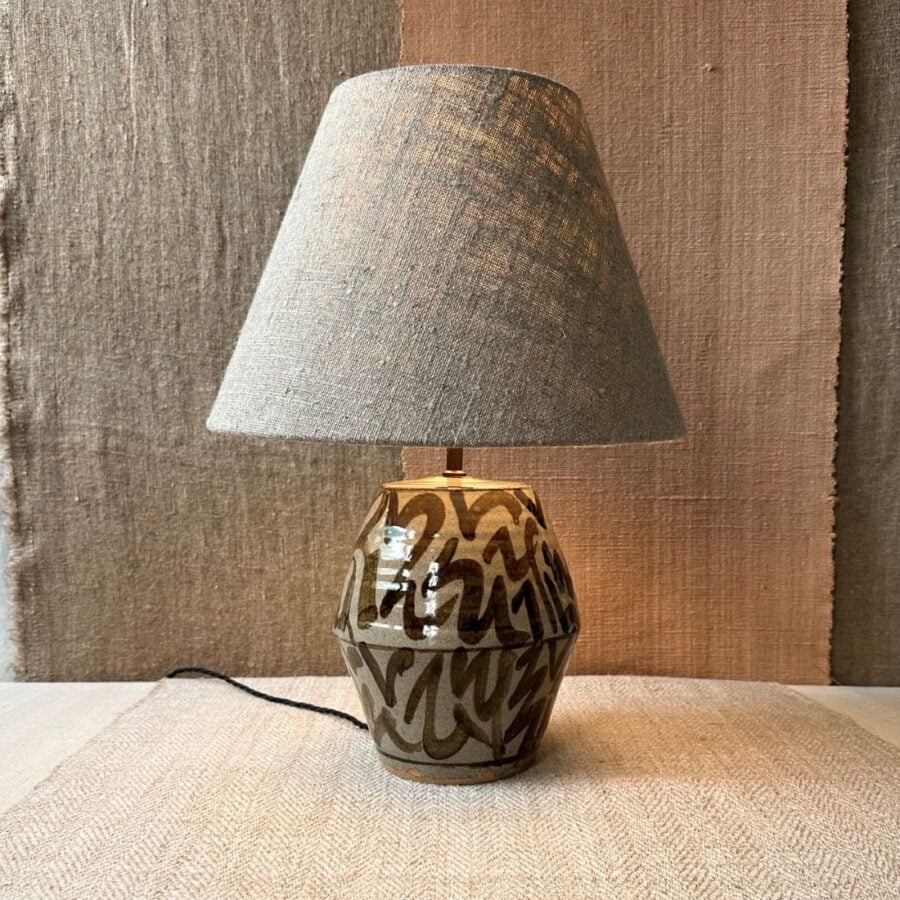 Pottery lamp with a linen shade