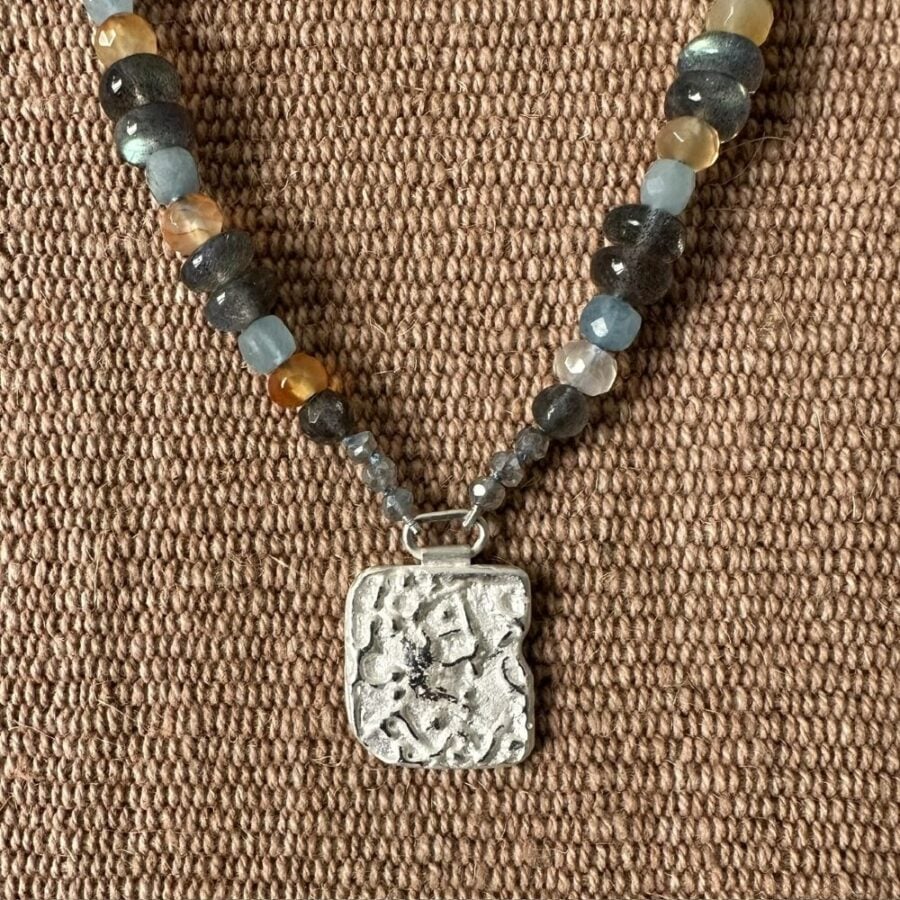 Carnelian & Aquamarine necklace with Silver Pendant M4