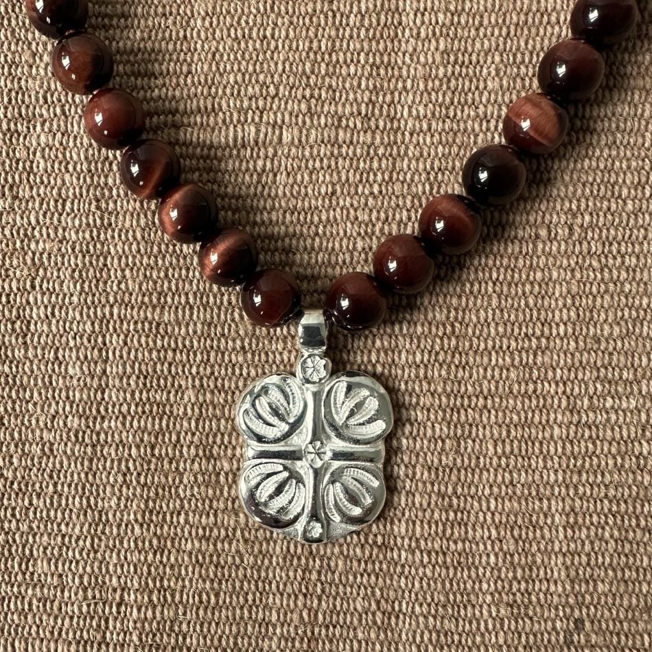 Red Tigers Eye Necklace with Silver Boss Pendant M5 - Image 3