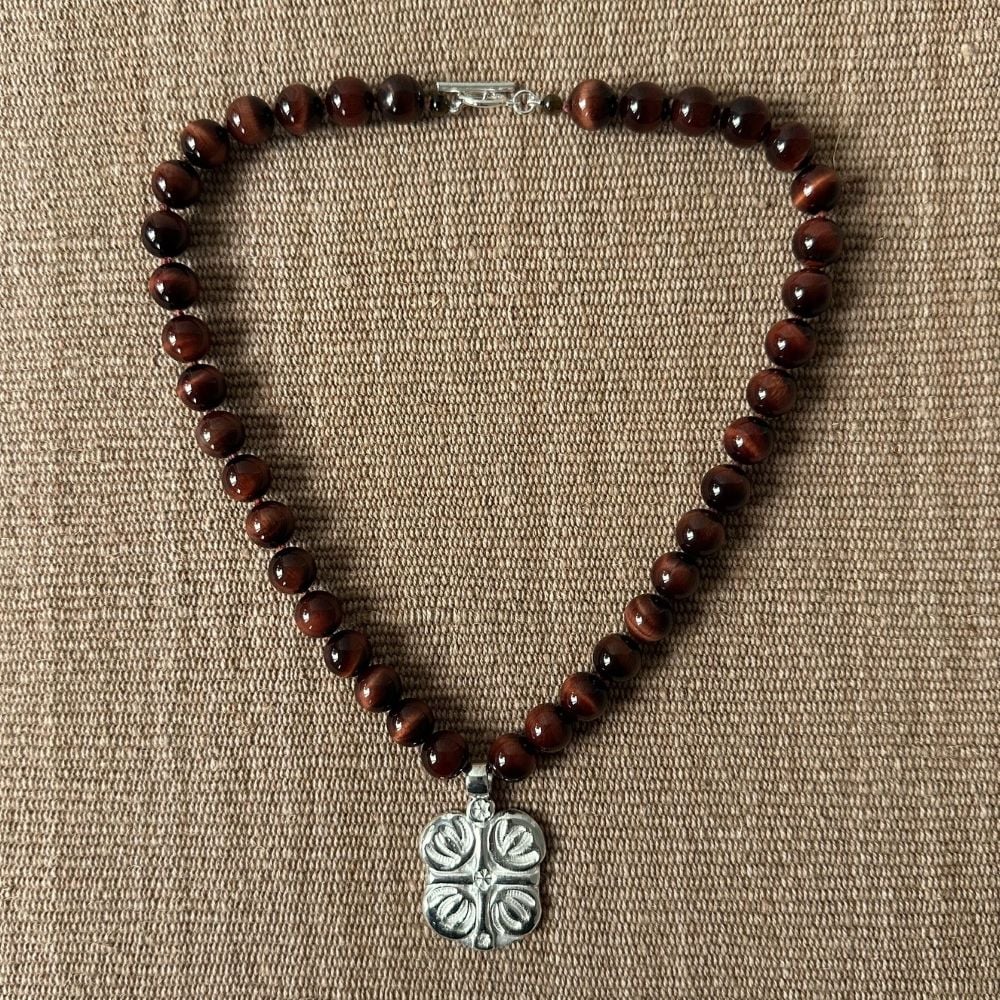 Red Tigers Eye Necklace with Silver Boss Pendant M5 - Image 2