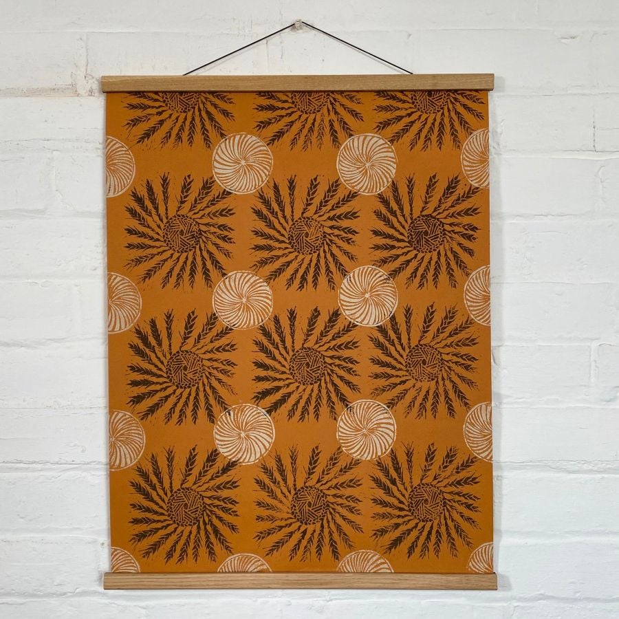 Sarah Burns Patterns lino print poster hanging