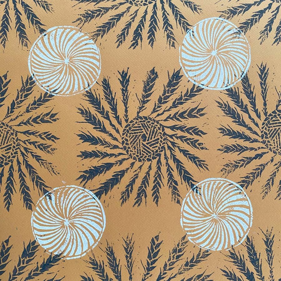 Sarah Burns Patterns lino print poster hanging