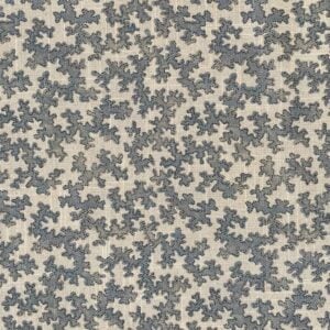 A small scale patterned fabric with a blue sinuous print