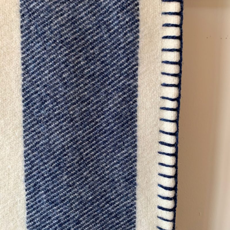 Blanket Stitched Welsh Blanket - Navy Stripe