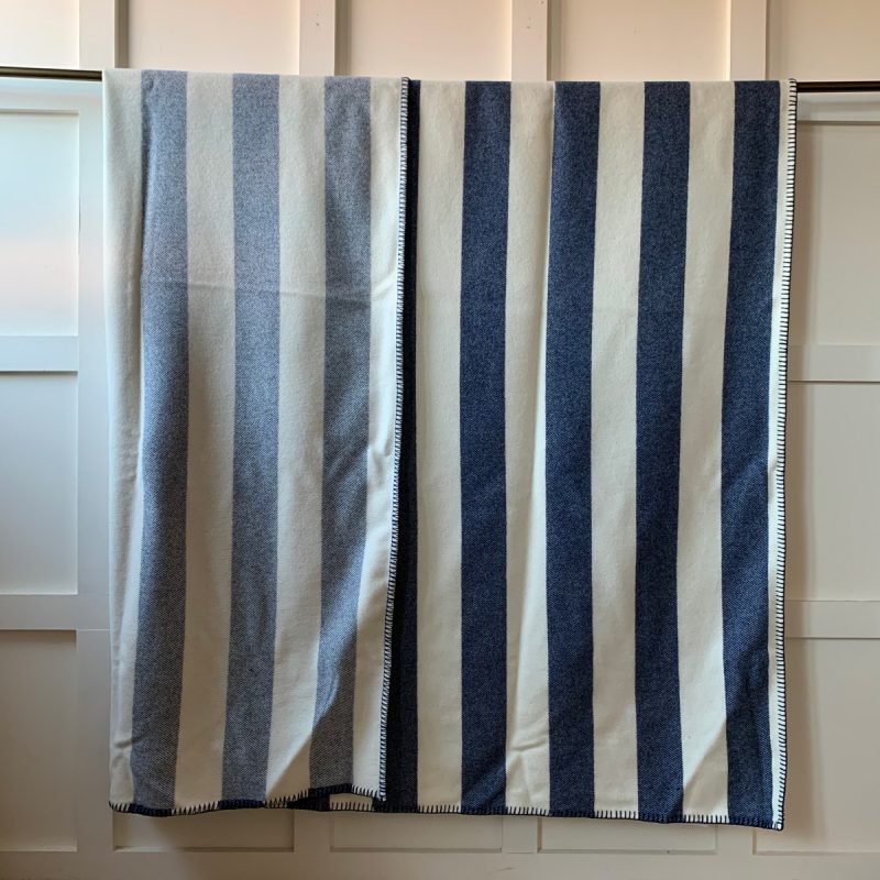 Blanket Stitched Welsh Blanket - Navy Stripe