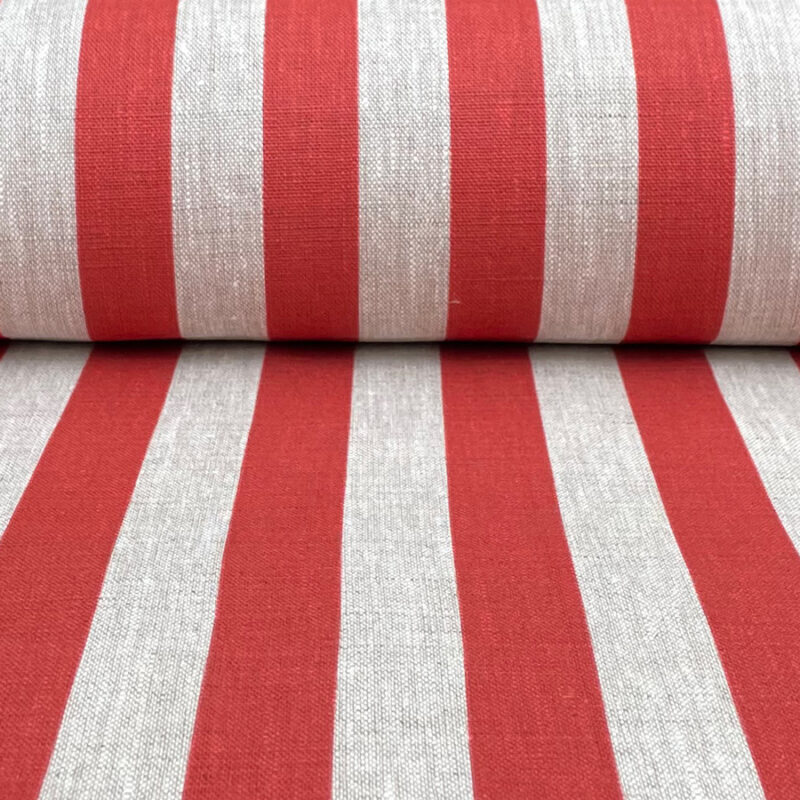 Beta Linen Stripe - Red, 100% Linen, curtain fabric, designed in the uk, Discount Fabric, Herefordshire Curtains, Herefordshire Fabric shop, Herefordshire soft furnishings fabric, Herefordshire upholstery fabric, Ledbury Blinds, Ledbury curtains, Ledbury fabric shop, Ledbury upholstery fabrics, linen furnishing fabrics, linen striped fabric, soft furnishing, stripe, striped fabric, striped linen fabric, Striped material, stripes, Tinsmiths, tinsmiths ticking, uk made furnishing fabric