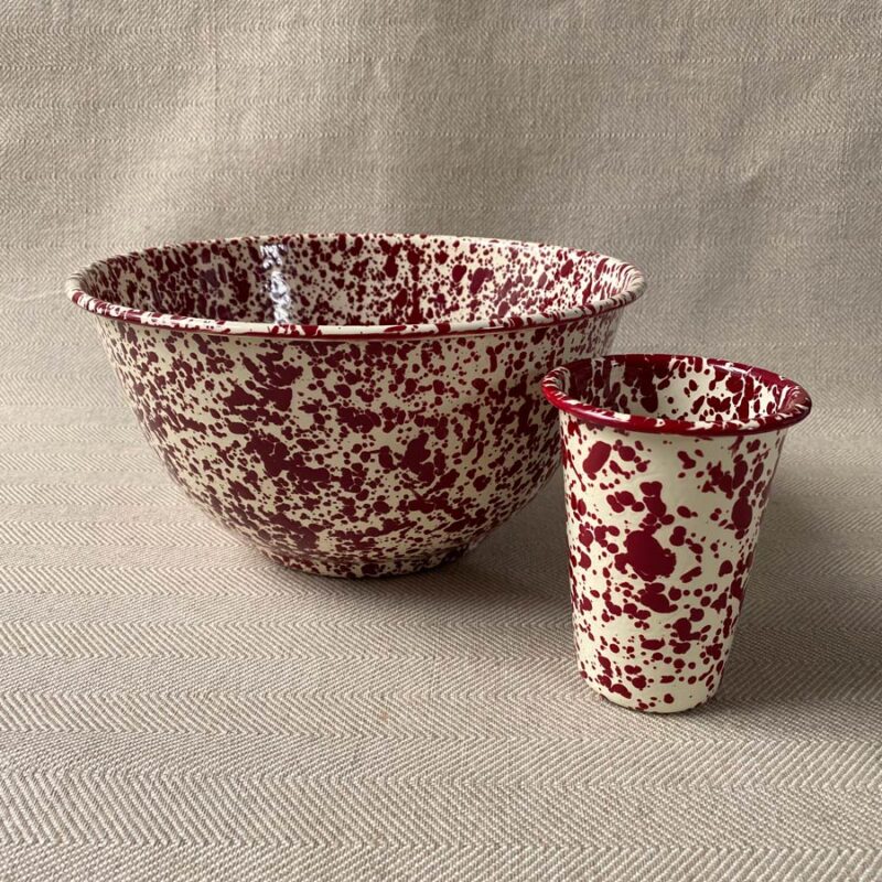 Enamelware Large Salad Bowl - Burgundy and Cream