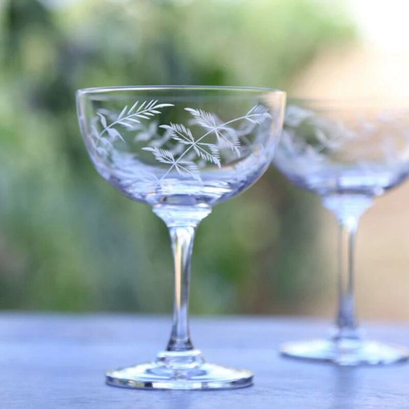 Fern crystal glass champagne saucers Tinsmiths